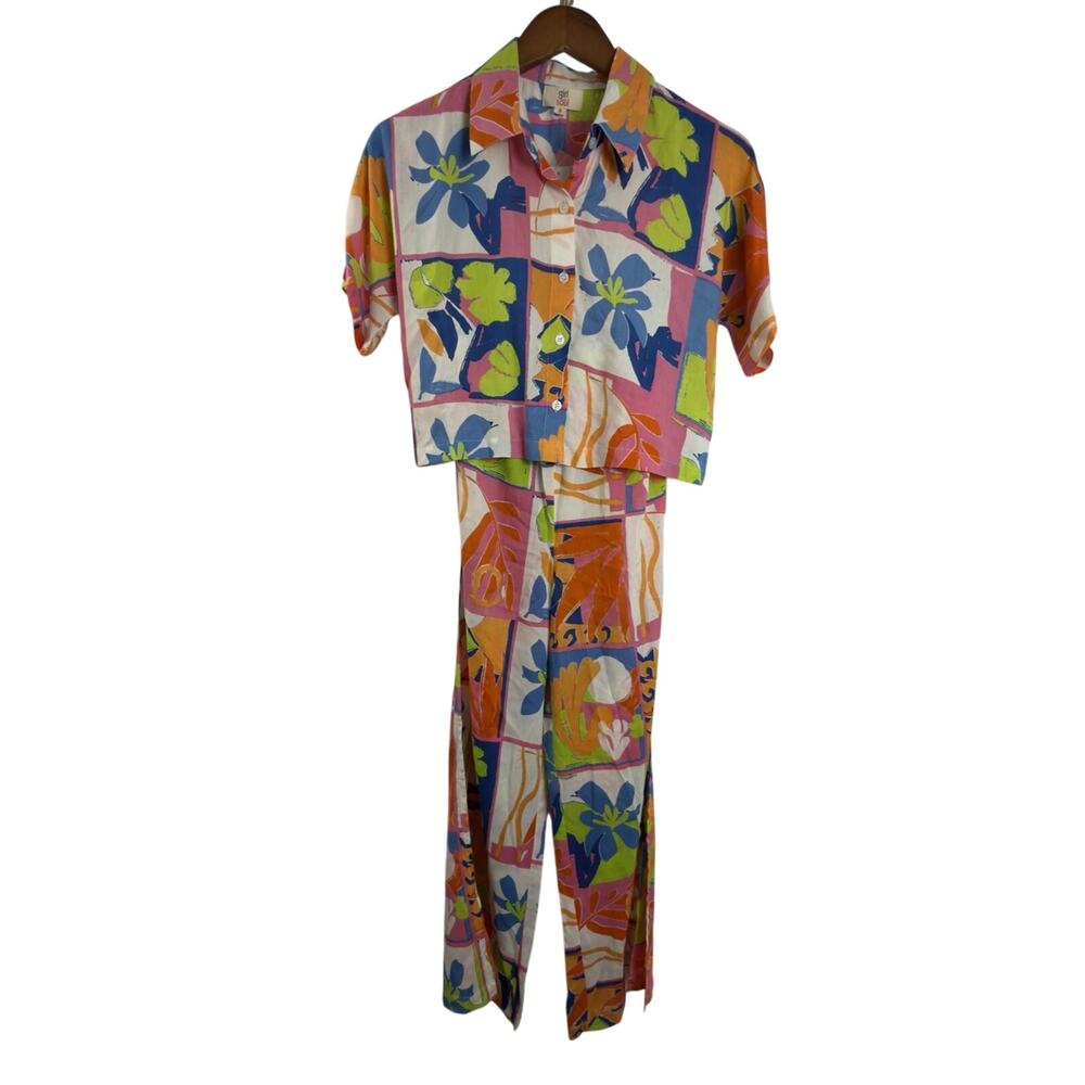 Girl Soul Tropical Print 2 piece Set S Button Up Crop Top Wide Leg Pants Resort